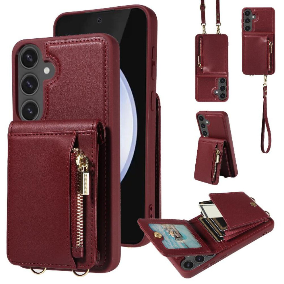 Photos - Case Organ Phone for Samsung Galaxy S25 Fe Zipper Pocket Crossbody and Wrist Strap Card Holder Kickstand Rfid Biocking(Red)