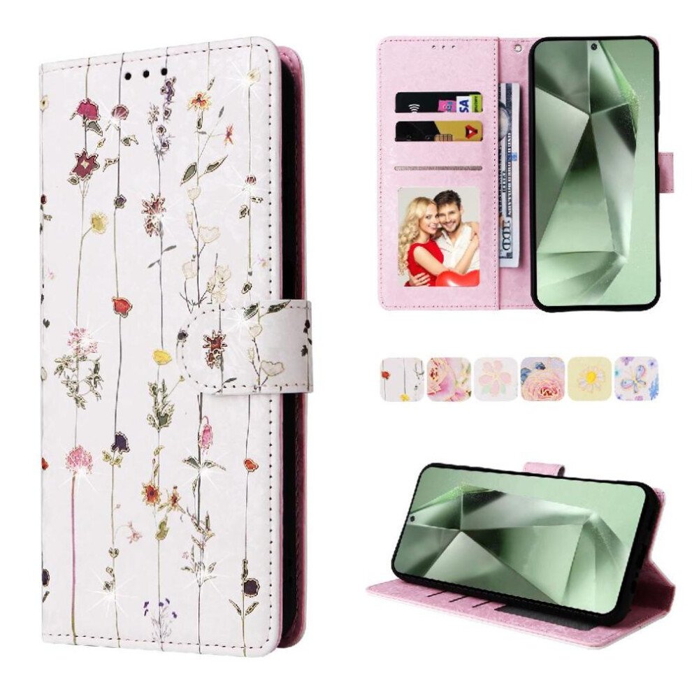 (C1 ) Wallet Phone Case For Samsung Galaxy S25 Fe 3 Card Slots Painted Flower Magnetic Closure 1 Bill Compartment Rfid Blocking Gold 764563155620