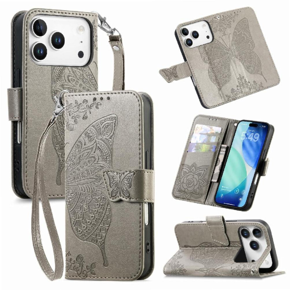 ( ) Case For Iphone 17 Pro Wing Butterfly Wallet Multi-Color Business Gray 764563158515