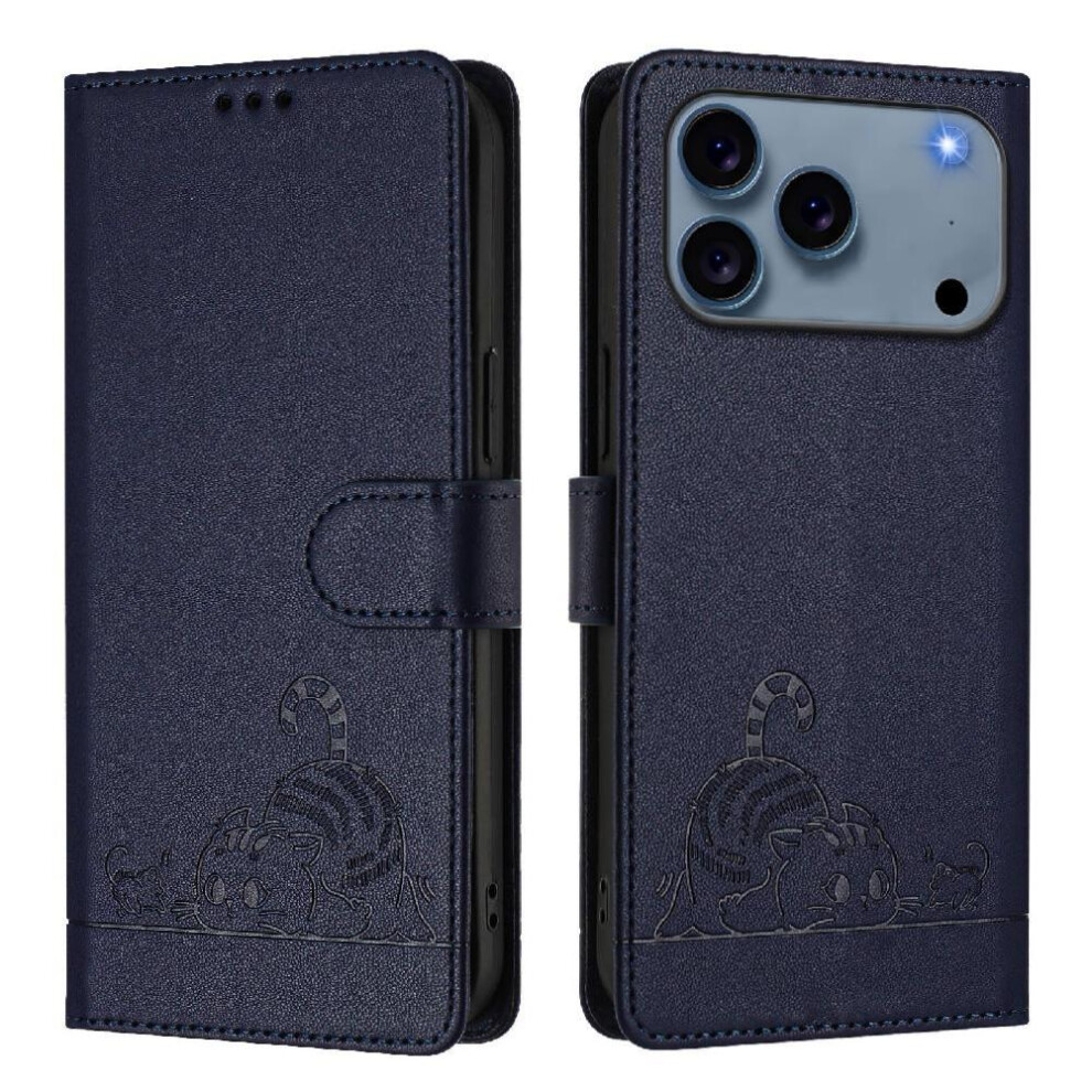 (Blue) Case For Iphone 17 Pro Cat Rfid Card Slot Holder Kickstand Wallet Flip Cover Blue 764563159239