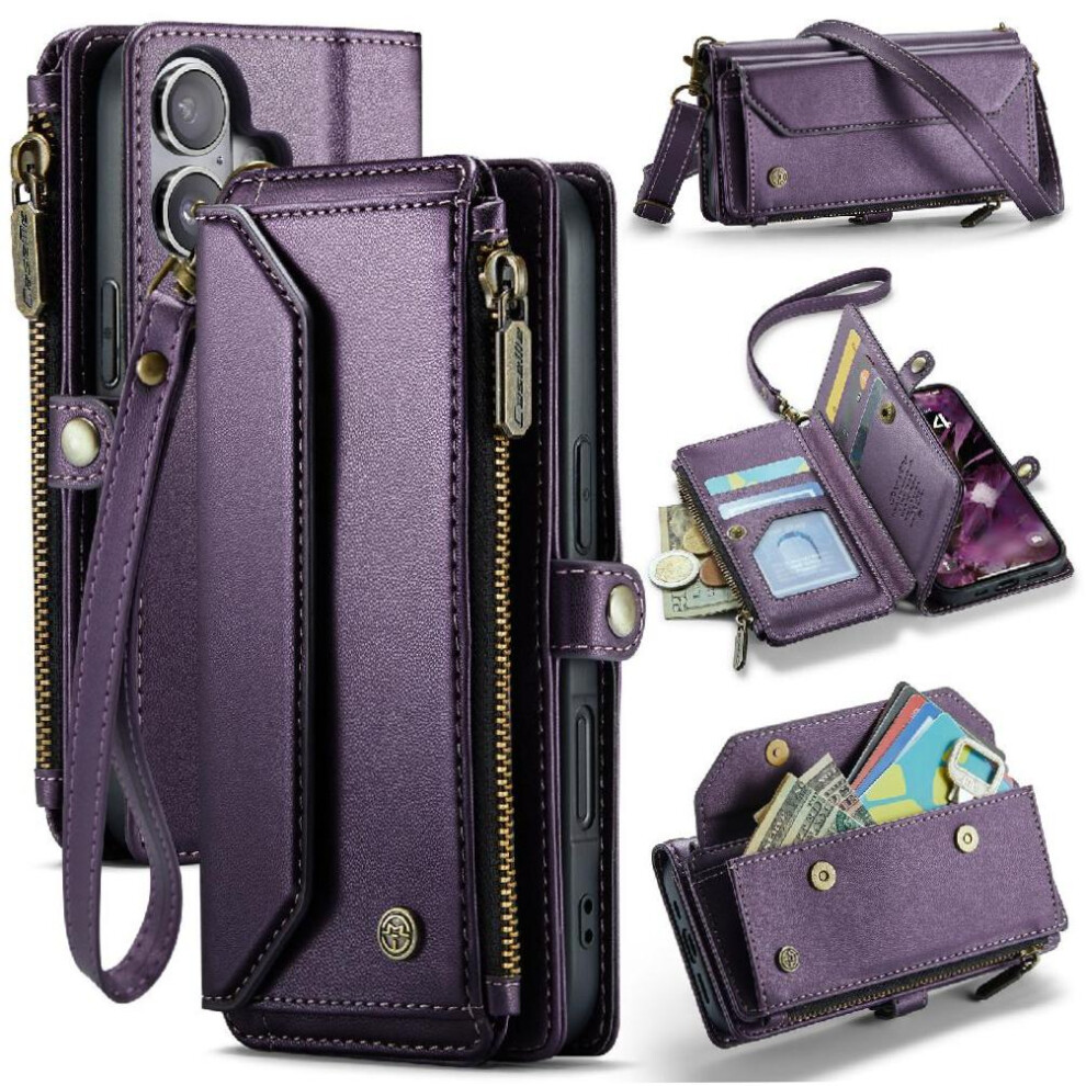 (Purple) Crossbody Flip Case For Iphone 17 Card Holder Zipper Bills Slot Case Wallet Rfid Blocking Purple 764563159833