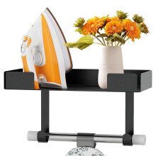Wall Mount Iron Holder Floating Ironing Board Holder With Hooks Black Stainless Steel Organizer For Bathroom 32 x 15