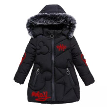 (Black, 5-6 Years) Girls Thick Coats Kids Hooded Padded Thick Parka Long Fur Warm Jacket Winter