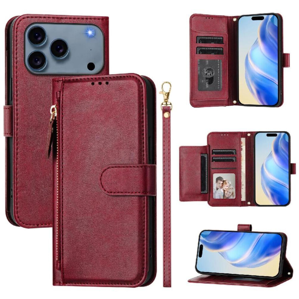 (Red) Flip Case For Iphone 17 Pro Pu Leather Magnetic Zipper Card Holder Red 764563161010