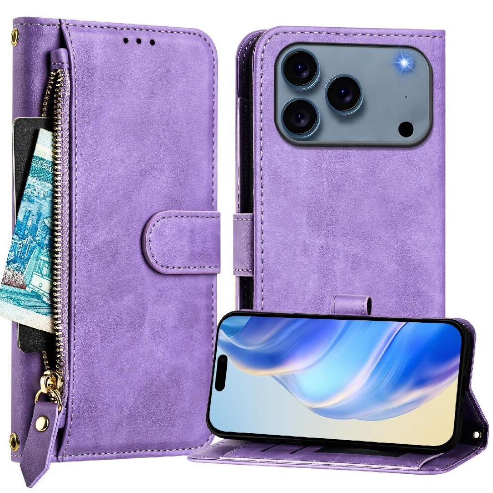 (Purple) Flip Case For Iphone 17 Pro Max Zipper Pu Leather Magnetic Card Holder Purple 764563161188