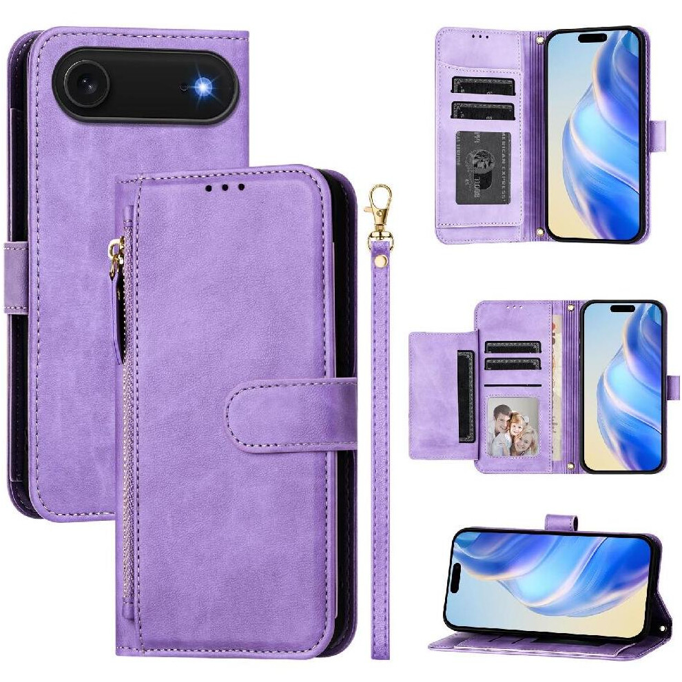 (Purple) Flip Case For Iphone 17 Air Pu Leather Magnetic Card Holder Zipper Purple 764563161294