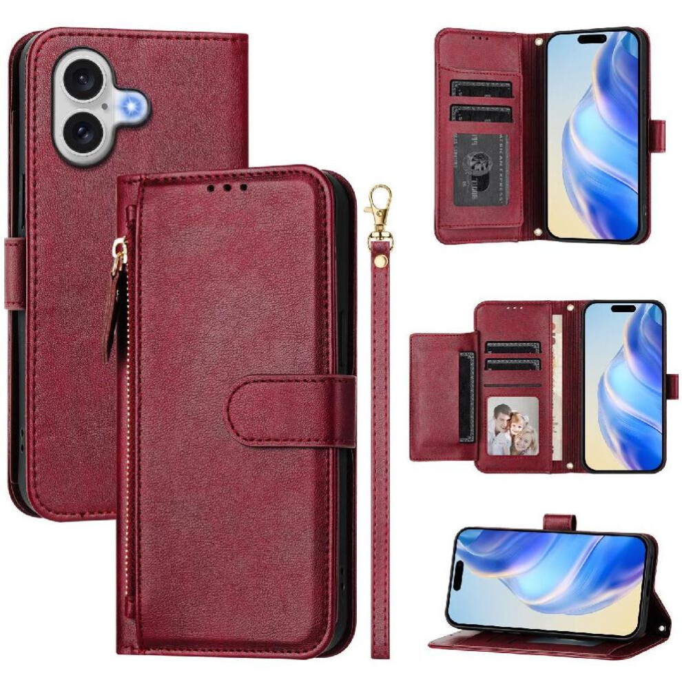 (Red) Flip Case For Iphone 17 Zipper Pu Leather Magnetic Card Holder Red 764563161348