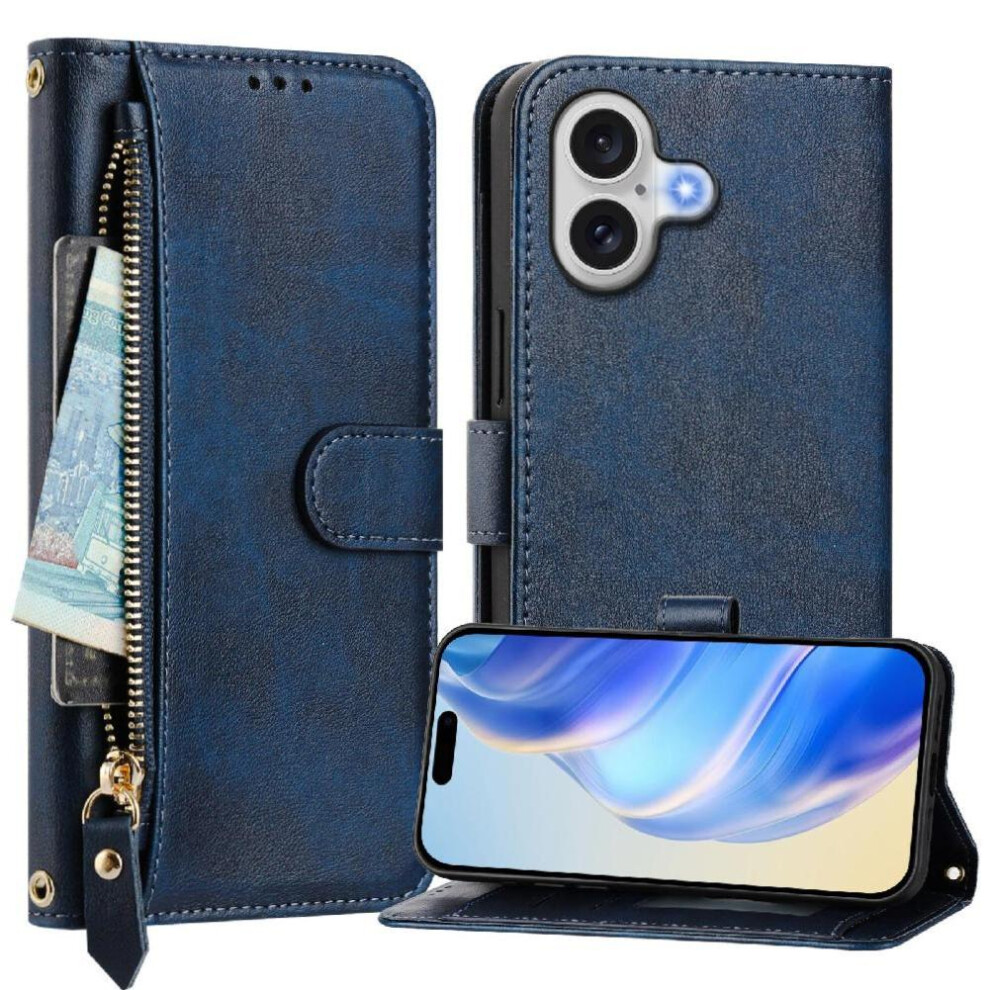 (Blue) Flip Case For Iphone 17 Zipper Pu Leather Magnetic Card Holder Blue 764563161324