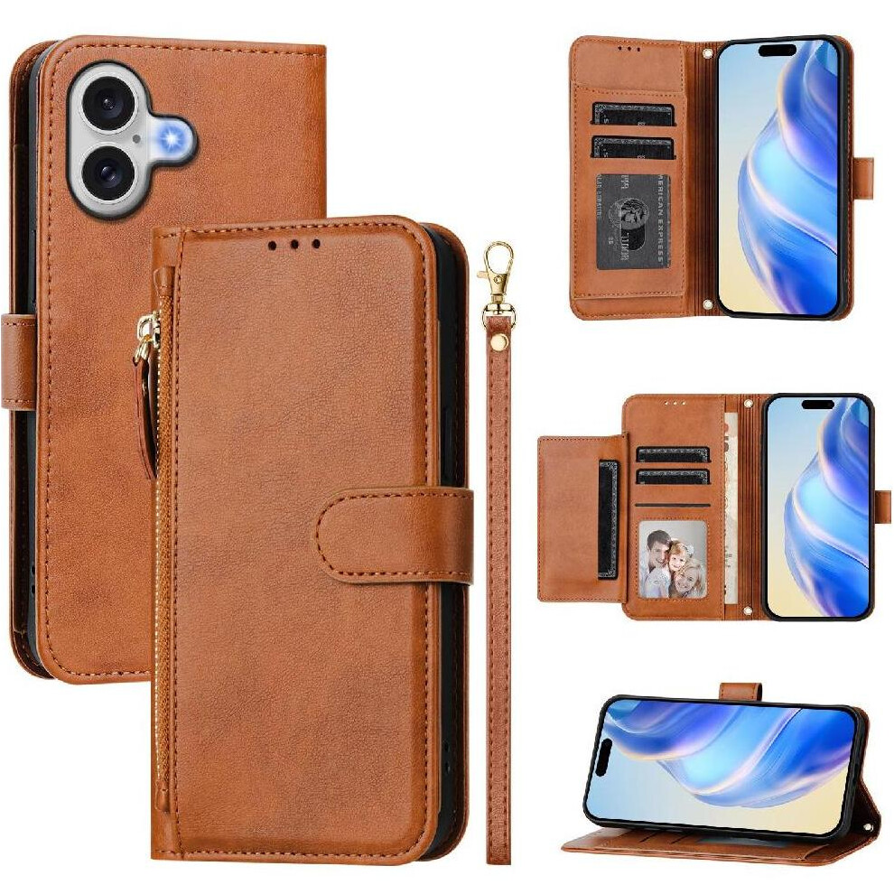 (Brown) Flip Case For Iphone 17 Zipper Pu Leather Magnetic Card Holder Brown 764563161362