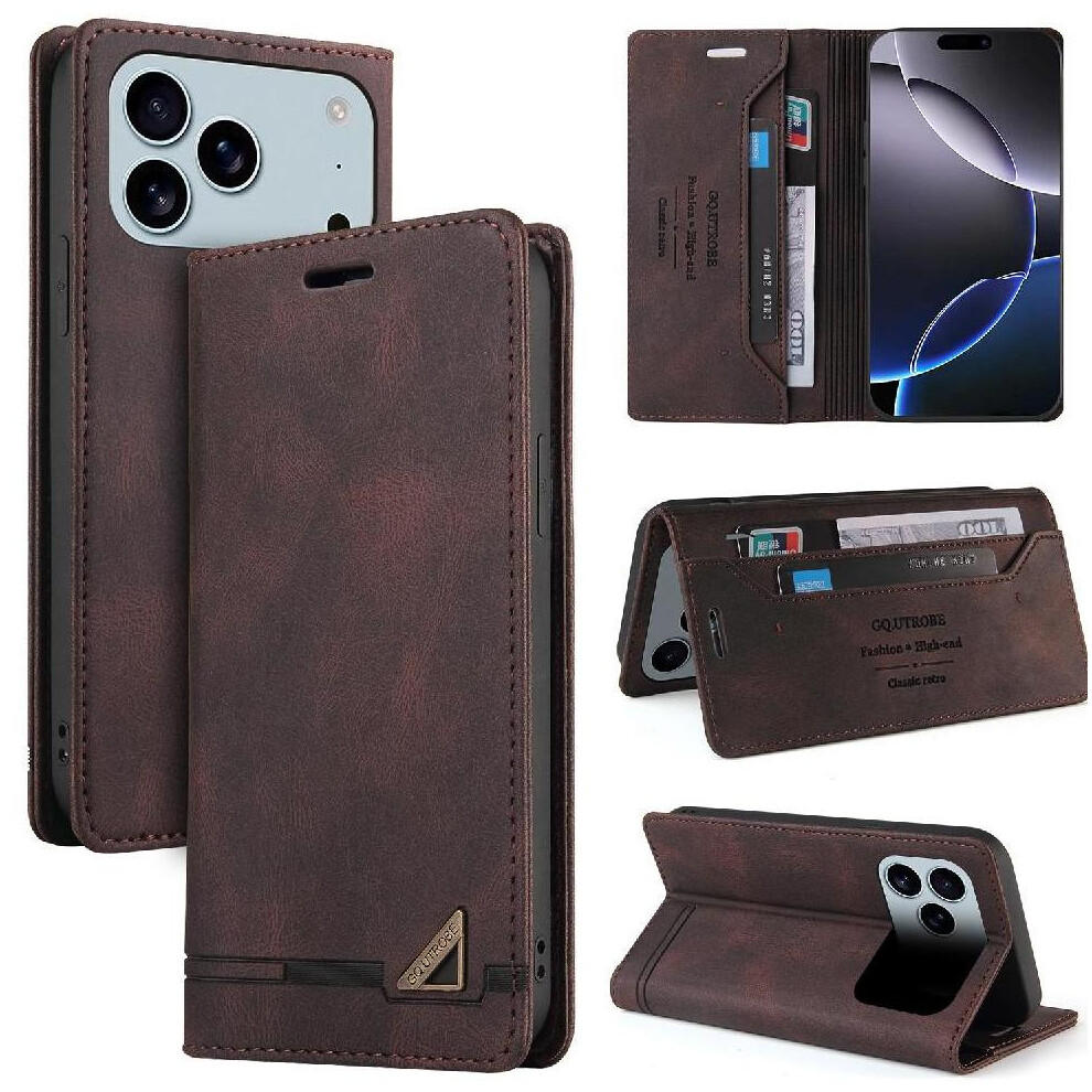 (Brown) Case For Iphone 17 Pro Premium Leather Premium Leather Two Card Slots Kickstand Brown 764563163014