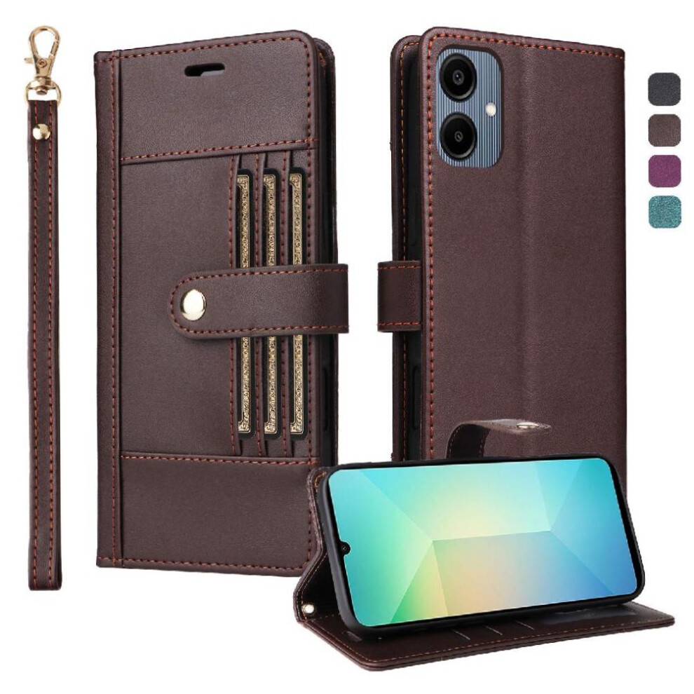 (Brown) Flip Case For Samsung Galaxy A07 Shockproof Functional Wallet Rfid Blocking Magnetic Closure Wrist Strap Brown 764563163793