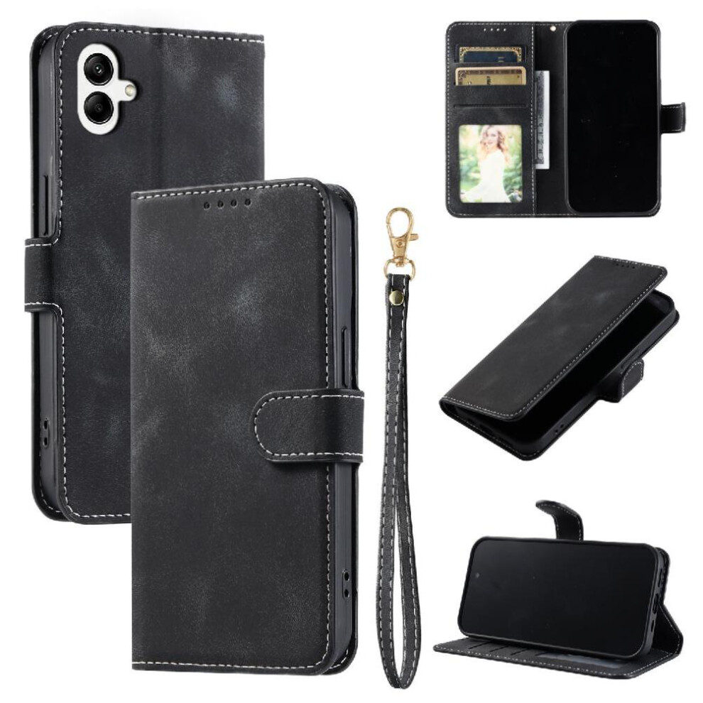 (Black) Flip Case For Samsung Galaxy A07 Magnetic Pu Leather Wrist Strap Wallet Card Slots Kickstand Black 764563164103