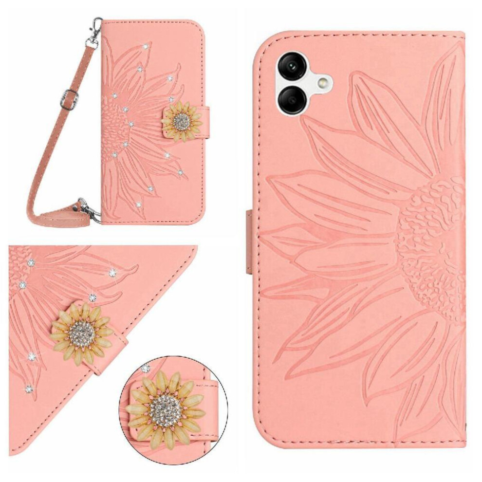 (Pink) Flip Case For Samsung Galaxy A07 Kickstand Protective With Card Slot Stand With A Long Lanyard Sunflower Leather Wallet Pink 764563165308