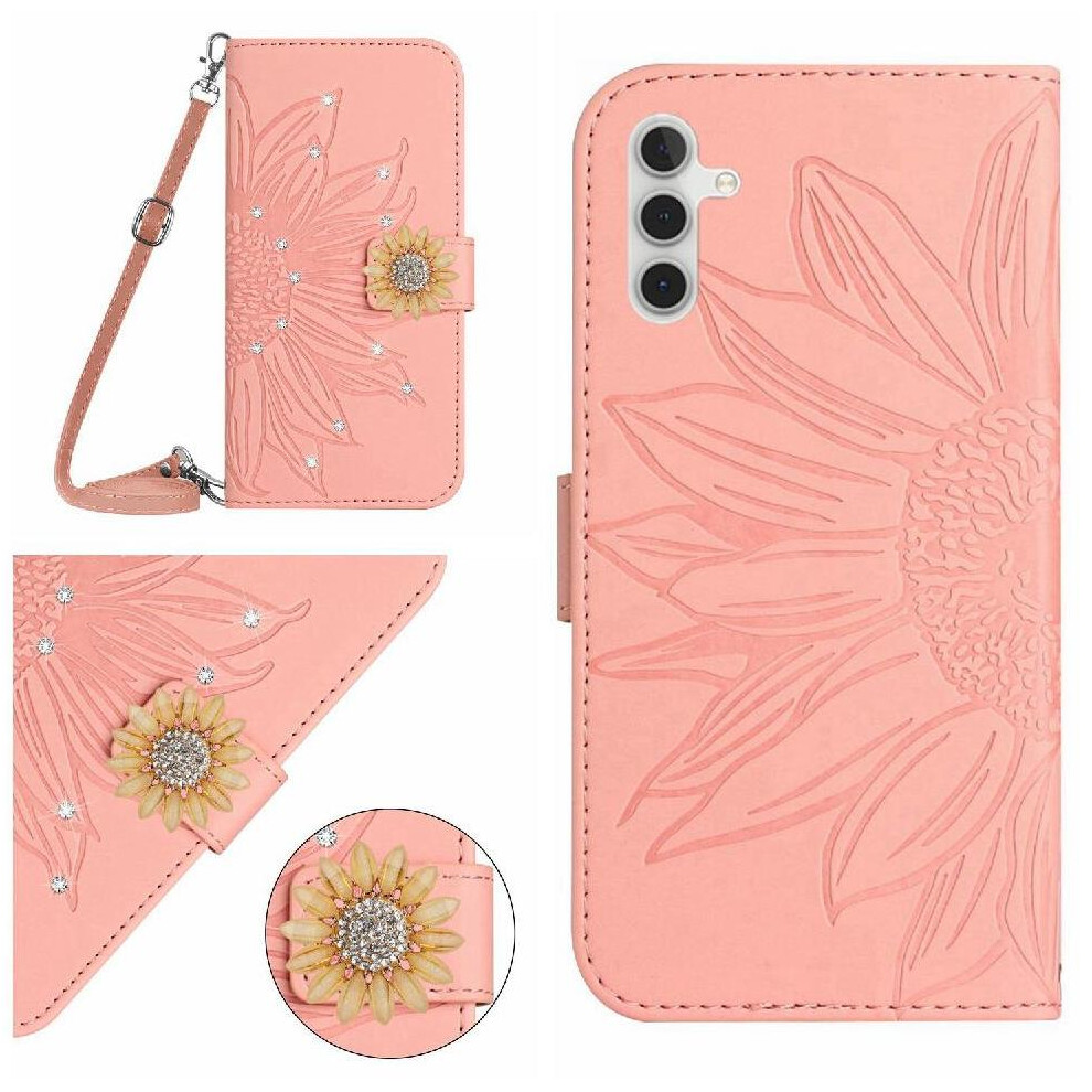 (Pink) Flip Case For Samsung Galaxy S25 Fe With A Long Lanyard With Card Slot Stand Sunflower Leather Wallet Kickstand Protective Pink 764563165407