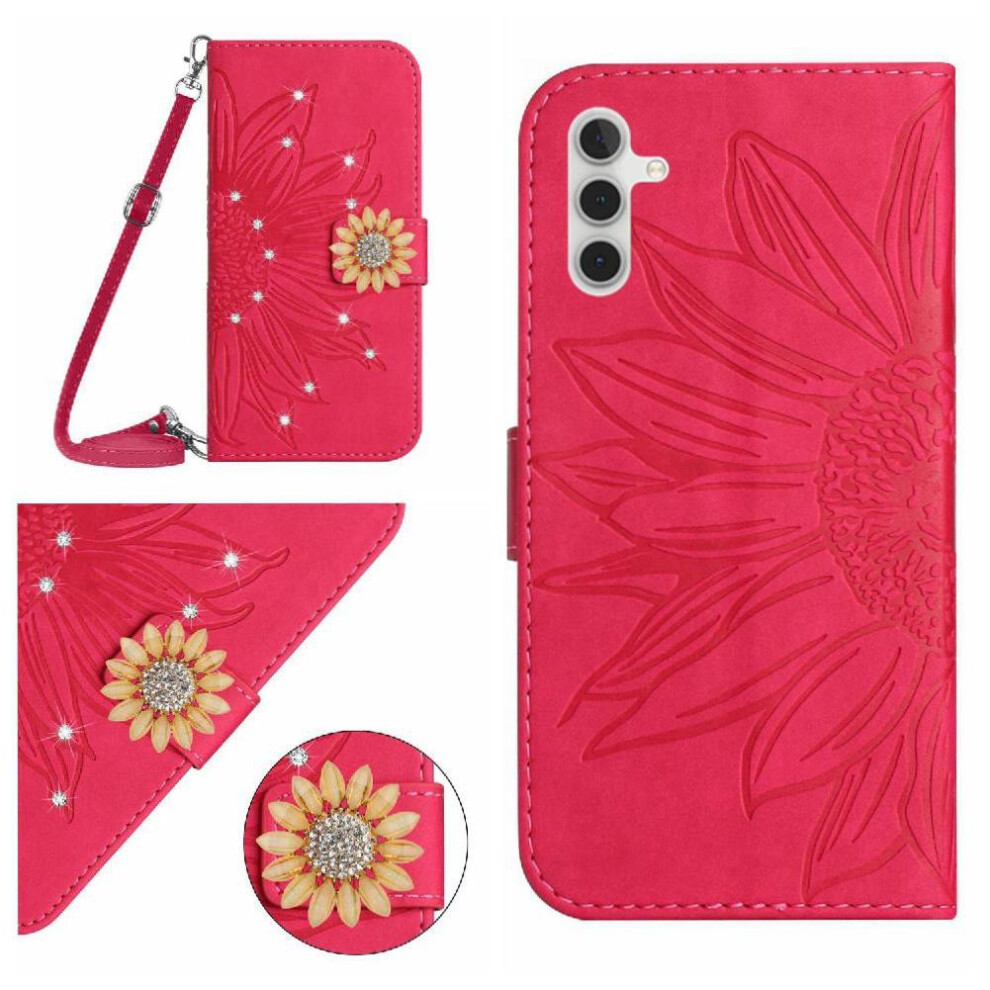 (Rose ) Flip Case For Samsung Galaxy S25 Fe With A Long Lanyard With Card Slot Stand Sunflower Leather Wallet Kickstand Protective Red 764563165476