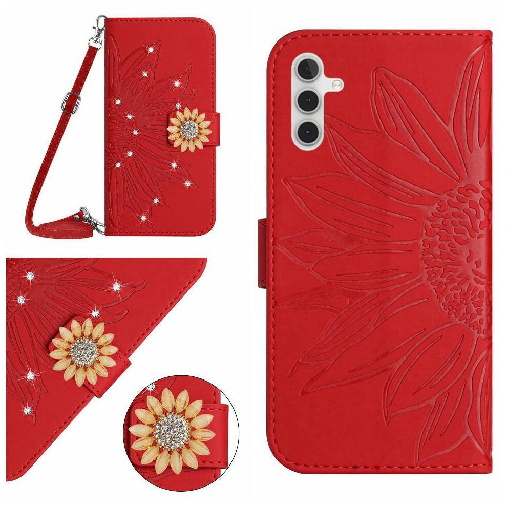 (Red) Flip Case For Samsung Galaxy S25 Fe With A Long Lanyard With Card Slot Stand Sunflower Leather Wallet Kickstand Protective Red 764563165414