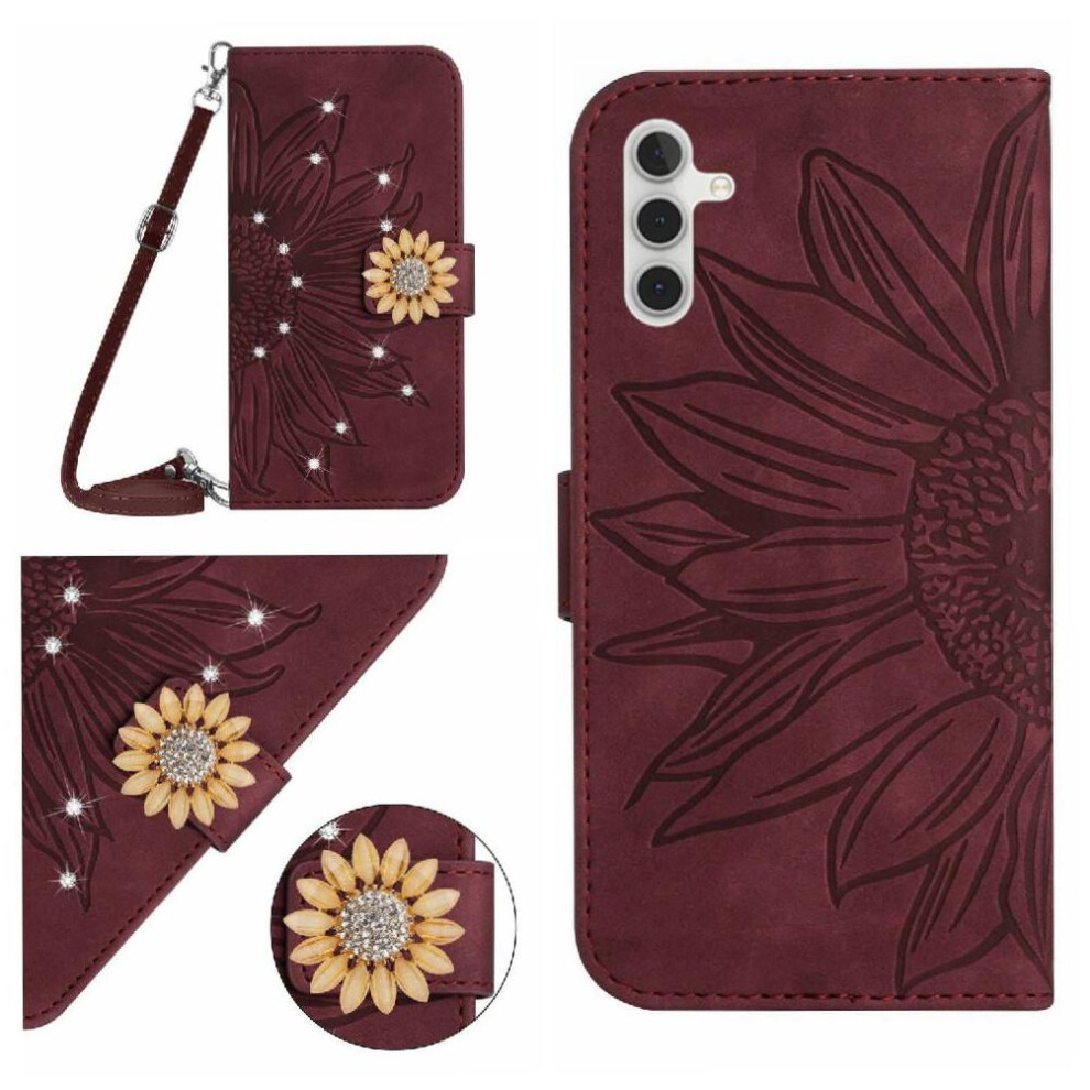(Brown) Flip Case For Samsung Galaxy S25 Fe With A Long Lanyard With Card Slot Stand Sunflower Leather Wallet Kickstand Protective Brown 764563165445