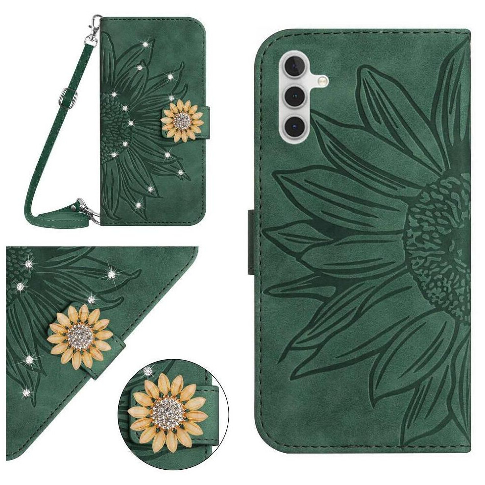 (Green) Flip Case For Samsung Galaxy S25 Fe With A Long Lanyard With Card Slot Stand Sunflower Leather Wallet Kickstand Protective Green 764563165469