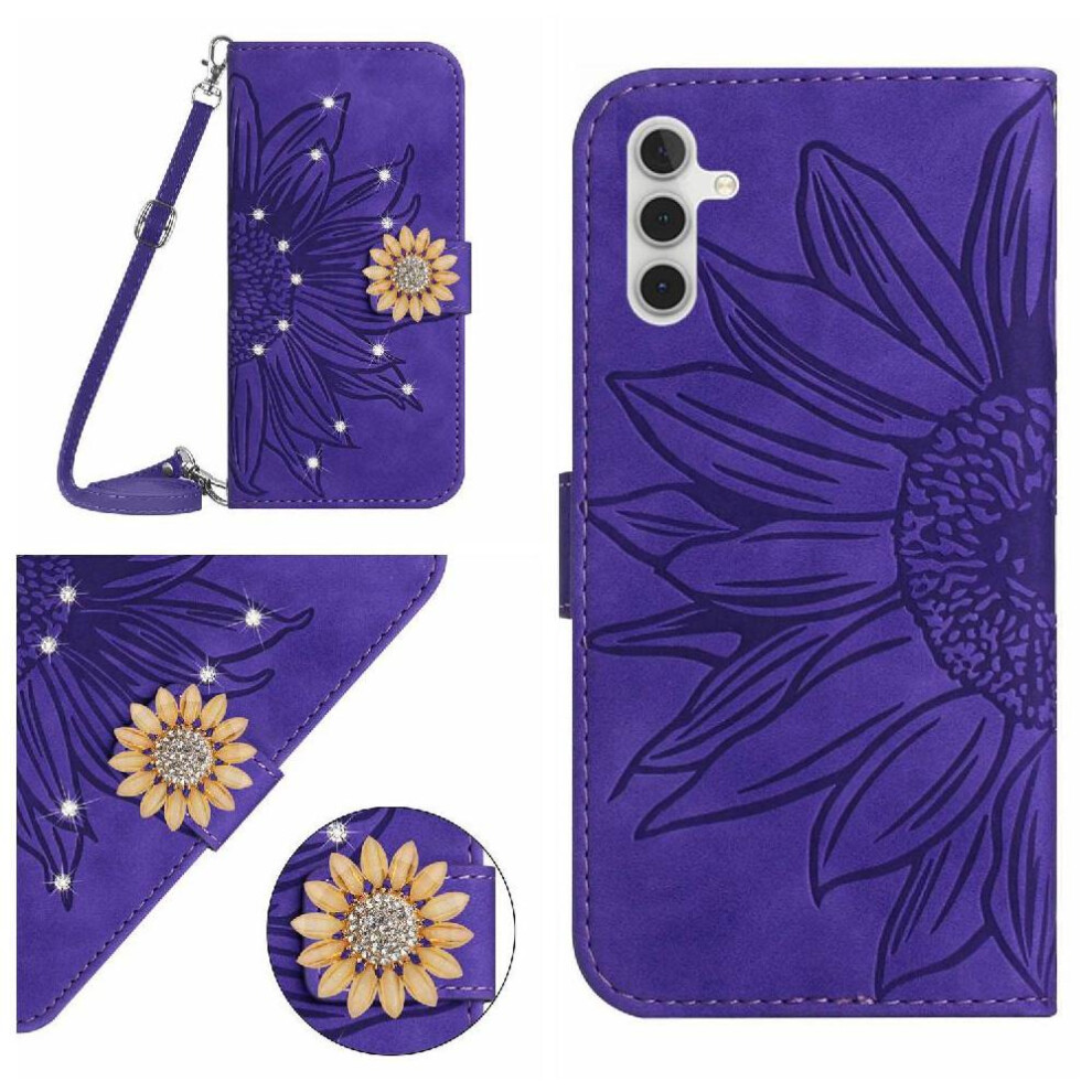 ( Violet) Flip Case For Samsung Galaxy S25 Fe With A Long Lanyard With Card Slot Stand Sunflower Leather Wallet Kickstand Protective Dark 764563165490