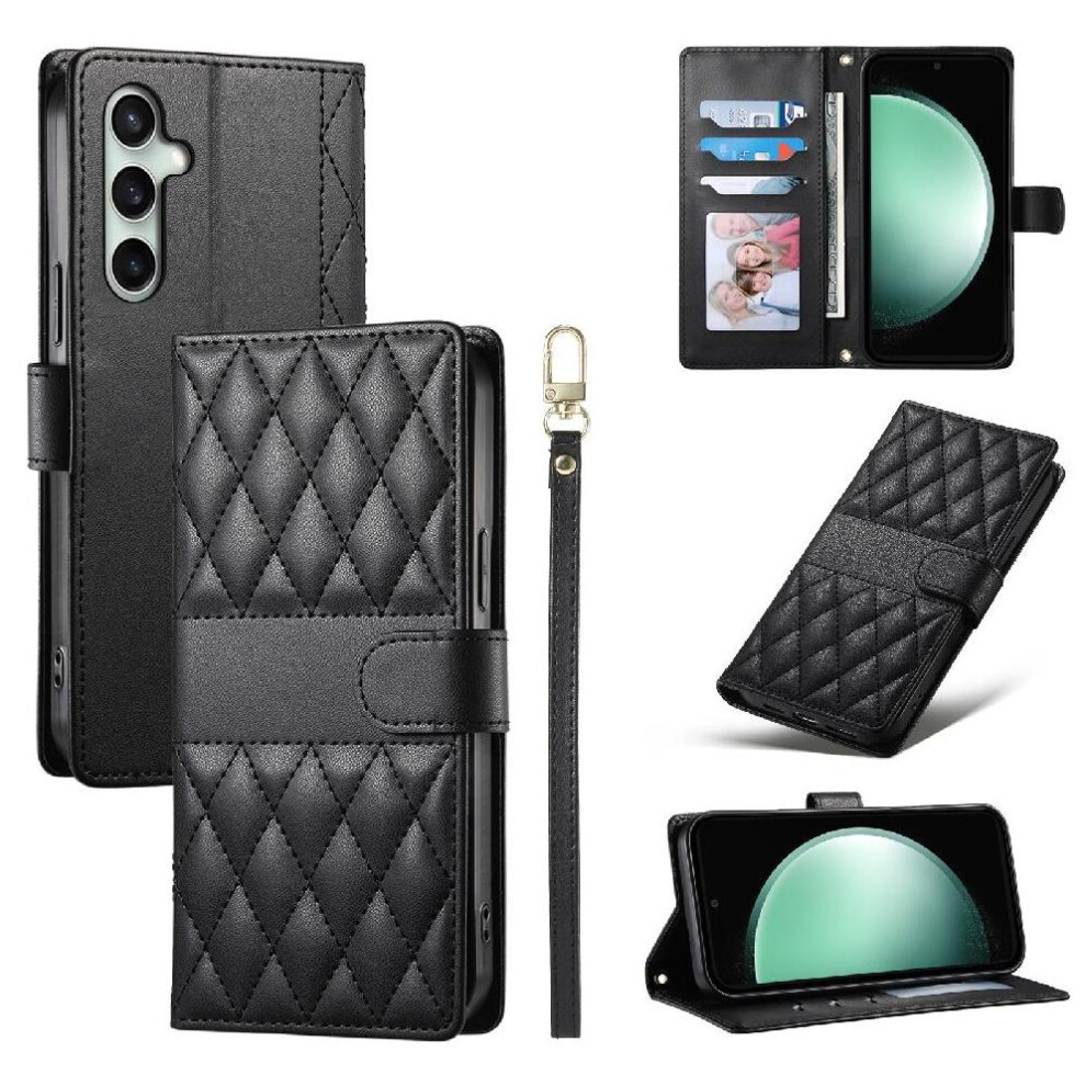 (Black) Flip Case For Samsung Galaxy S25 Fe Leather Case Elegant Shockproof Wallet Dual Straps Black 764563165629