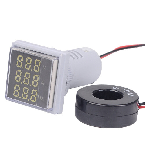 (White) 3 in 1 AC 60-500V 100A Square LED Digital Voltmeter Ammeter Hertz Meter Signal Lights Voltage Current Frequency Combo
