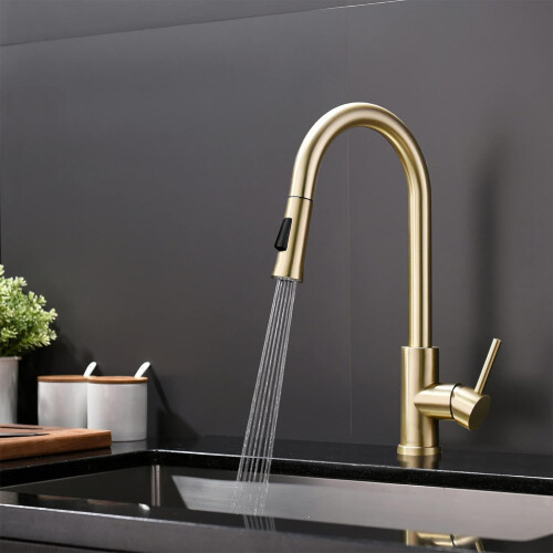 NES Home Nes Home Brushed Brass Modern Pull Out Kitchen Mixer Tap 1
