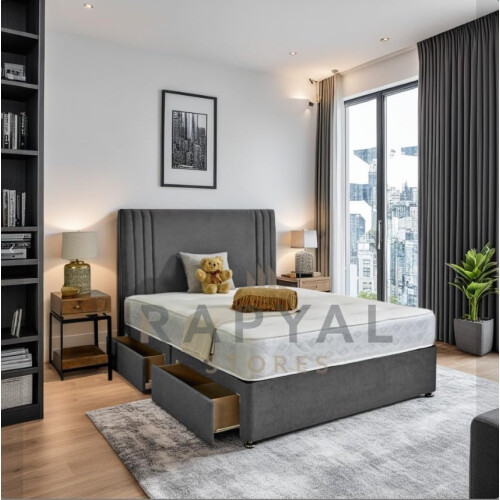 (Grey,  6ft, HB with No Drawers) Zenvia Divan Bed Set With Mattress and Headboard