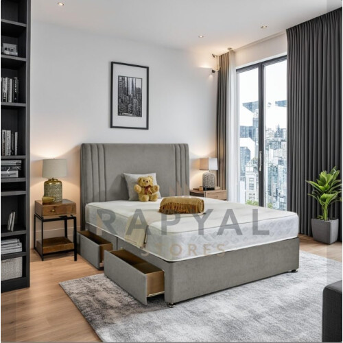 (Silver, 3ft, HB with 2 Drawers) Zenvia Divan Bed Set With Mattress and Headboard