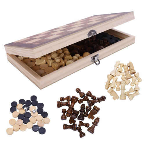 3 in1 Folding Wooden Chess Set Boards Game Checker 1