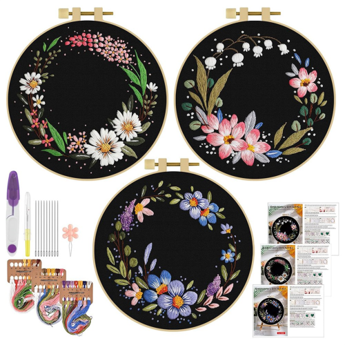 3 Pack Embroidery Kit, Floral - Set for Beginners
