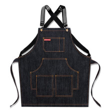 (Black, 61cm) Denim Kitchen Cooking Apron Adjustable Cotton Strap Large Pockets Blue Barista Men and Women Homewear