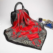(Red Black) Fashion Silk Satin Hijab Scarf For Women Printed Kerchief Hair Scarfs Female 90cm*90cm Square Shawl Wraps Neck Scarfs For Ladies