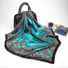 (Sky Blue) Fashion Silk Satin Hijab Scarf For Women Printed Kerchief Hair Scarfs Female 90cm*90cm Square Shawl Wraps Neck Scarfs For Ladies