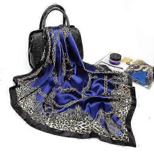 (Blue) Fashion Silk Satin Hijab Scarf For Women Printed Kerchief Hair Scarfs Female 90cm*90cm Square Shawl Wraps Neck Scarfs For Ladies
