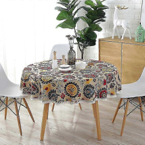 (120cm) Round Tablecloths Linen Cotton Tablecloth Sun Flower Table Cloth Lace Multi-purpose Table Cover 1