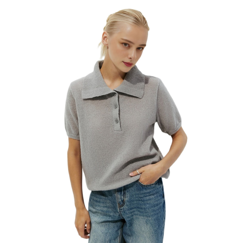 Women Short Sleeve Sweater Large Lapel Neck Knitte 2