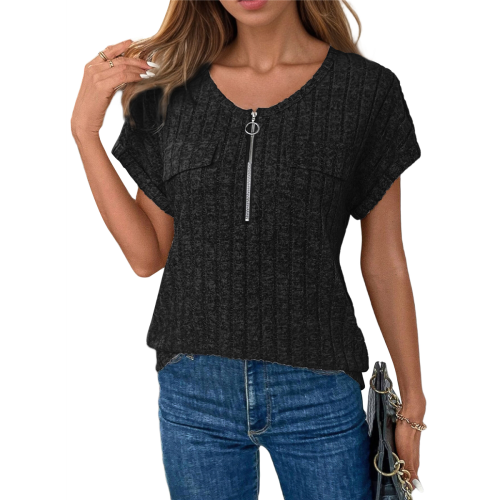 Plus Size Womens Tops 1/4 Zip Up Short Sleeve Tuni 2