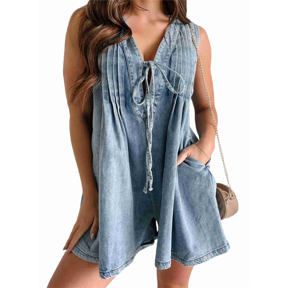 Women'S Sleeveless V Neck Shorts Denim Romper Tie-image-OPC-PJFJGWP-NEW