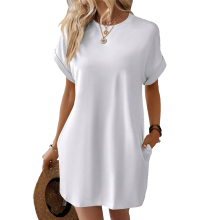 Solid Color Round Neck Loose Short Sleeve Pocket D