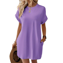 Solid Color Round Neck Loose Short Sleeve Pocket D