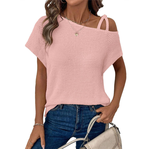 Womens Summer Casual Off One Shoulder Waffle Knit 1