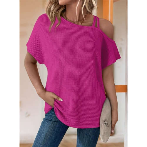 Womens Summer Casual Off One Shoulder Waffle Knit 2