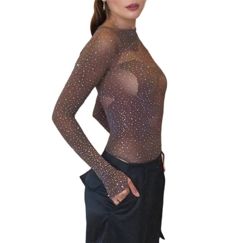 Women Long Sleeves Mesh See Through Jumpsuit Bodys 2