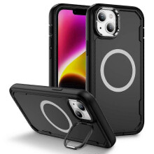 (Black Black)For Iphone 14/ 13 Case Compatible With Magsafe Lens Frame Kickstand Tpu + Pc Shockproof Phone Cover