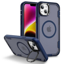 (Blue Transparent Blue)For Iphone 14/ 13 Case Compatible With Magsafe Lens Frame Kickstand Tpu + Pc Shockproof Phone Cover