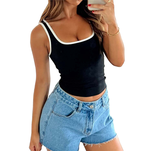 Womens Summer Square Neck Ribbed Slim Fitted Spagh 2