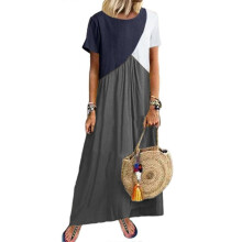 (Dark Grey,L)Women Color Block T Shirt Dress Casual Loose Long Dress Crewneck Beach Maxi Dress Swing Dress Short Sleeve Maxi Dress Yellow Xl