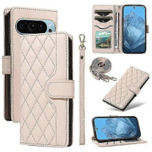 (Apricot)Compatible For Google Pixel 9 / Pixel 9 Pro Case Wallet Rhombus Leather Phone Cover With Shoulder Strap, Wrist Strap