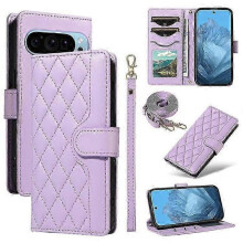 (LightPurple)Compatible For Google Pixel 9 / Pixel 9 Pro Case Wallet Rhombus Leather Phone Cover With Shoulder Strap, Wrist Strap