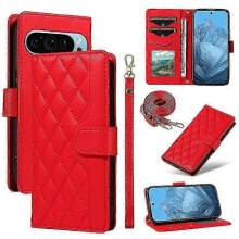 (Red)Compatible For Google Pixel 9 / Pixel 9 Pro Case Wallet Rhombus Leather Phone Cover With Shoulder Strap, Wrist Strap